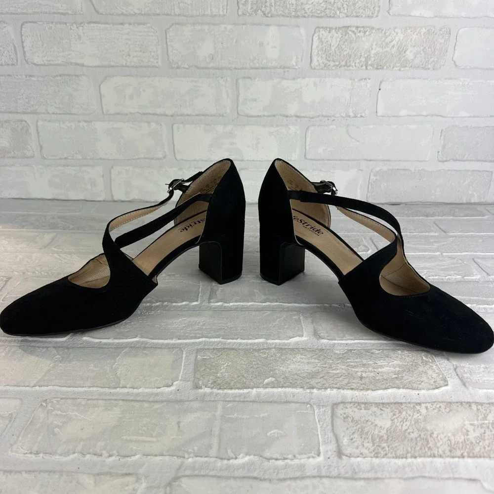 LifeStride Heels Pumps Womens 8.5‎ Tracy Black Suede Strappy Block Heel Classy